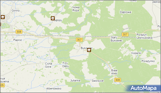 mapa Bukowiec gmina Nowy Tomyśl, Bukowiec gmina Nowy Tomyśl na mapie Targeo