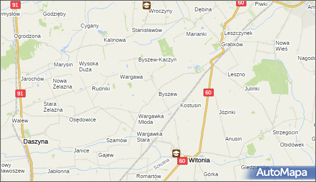 mapa Byszew gmina Kutno, Byszew gmina Kutno na mapie Targeo