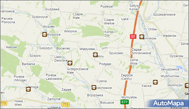 mapa Celiny gmina Iwanowice, Celiny gmina Iwanowice na mapie Targeo