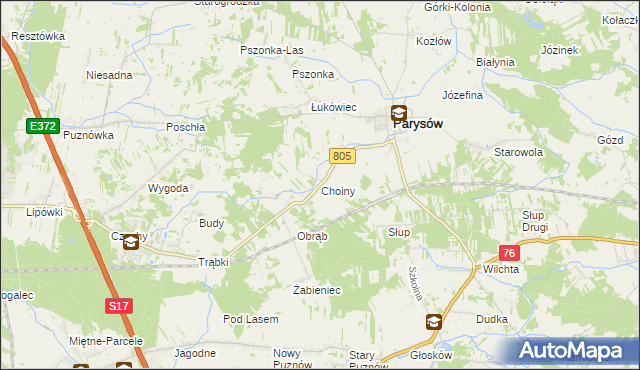 mapa Choiny gmina Parysów, Choiny gmina Parysów na mapie Targeo