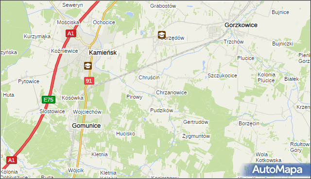 mapa Chrzanowice gmina Gomunice, Chrzanowice gmina Gomunice na mapie Targeo