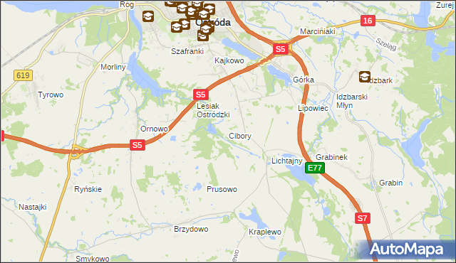 mapa Cibory gmina Ostróda, Cibory gmina Ostróda na mapie Targeo