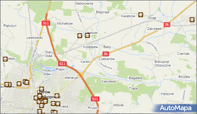 mapa Czekanów gmina Ostrów Wielkopolski, Czekanów gmina Ostrów Wielkopolski na mapie Targeo