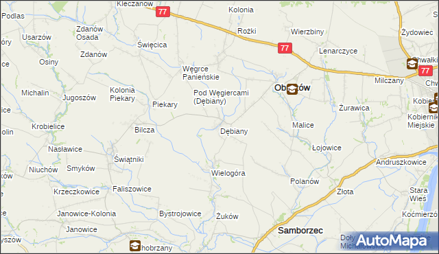 mapa Dębiany gmina Obrazów, Dębiany gmina Obrazów na mapie Targeo