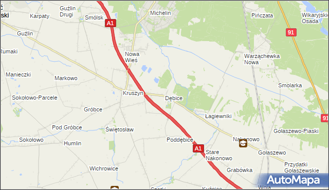 mapa Dębice gmina Włocławek, Dębice gmina Włocławek na mapie Targeo