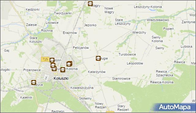 mapa Długie gmina Koluszki, Długie gmina Koluszki na mapie Targeo