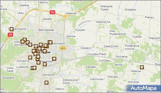 mapa Dobiecin gmina Bełchatów, Dobiecin gmina Bełchatów na mapie Targeo
