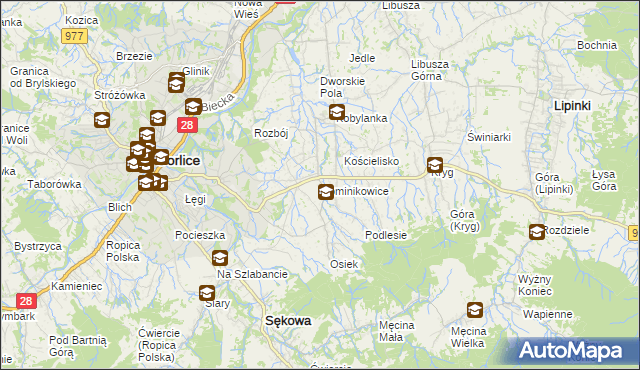 mapa Dominikowice gmina Gorlice, Dominikowice gmina Gorlice na mapie Targeo