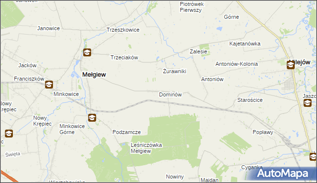 mapa Dominów gmina Mełgiew, Dominów gmina Mełgiew na mapie Targeo
