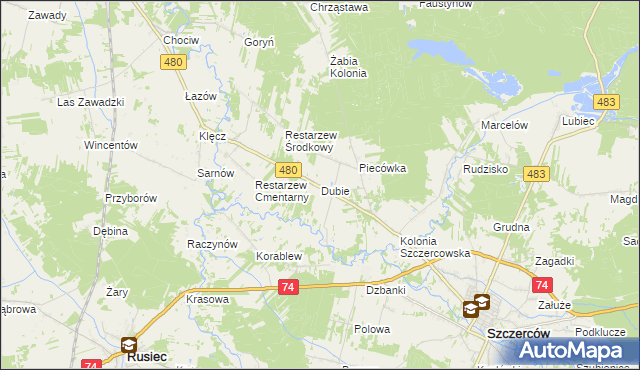 mapa Dubie gmina Szczerców, Dubie gmina Szczerców na mapie Targeo