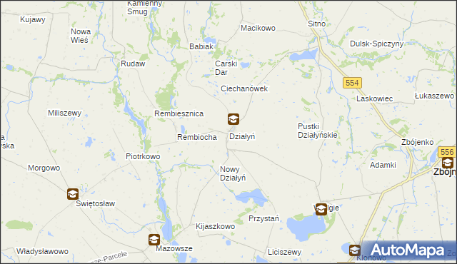 mapa Działyń gmina Zbójno, Działyń gmina Zbójno na mapie Targeo