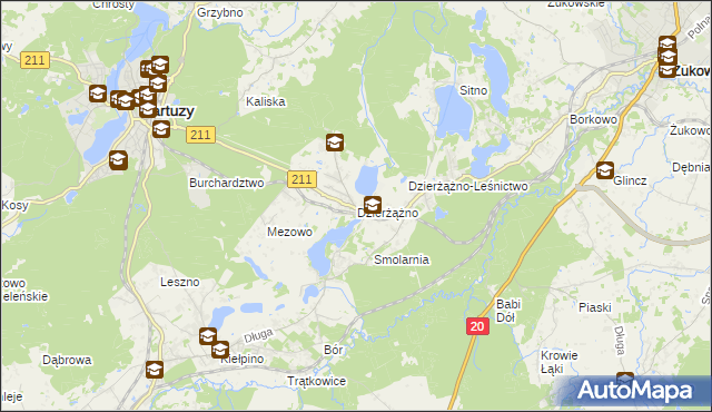 mapa Dzierżążno gmina Kartuzy, Dzierżążno gmina Kartuzy na mapie Targeo