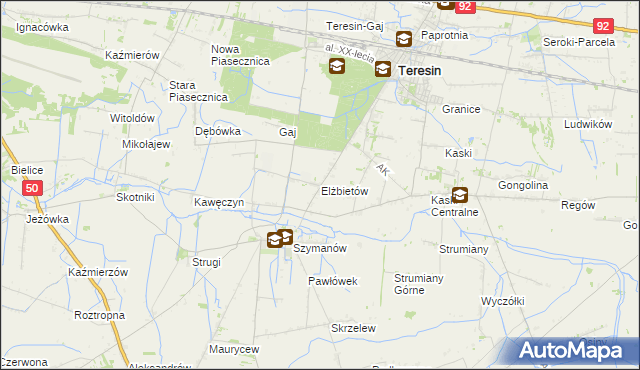 mapa Elżbietów gmina Teresin, Elżbietów gmina Teresin na mapie Targeo