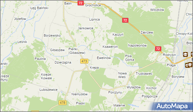 mapa Ewelinów gmina Poddębice, Ewelinów gmina Poddębice na mapie Targeo
