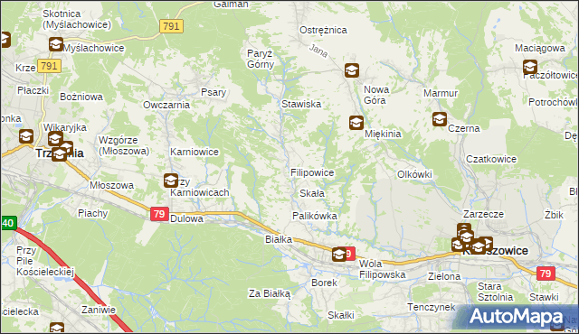 mapa Filipowice gmina Krzeszowice, Filipowice gmina Krzeszowice na mapie Targeo