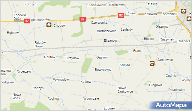 mapa Gąsiory gmina Chodów, Gąsiory gmina Chodów na mapie Targeo