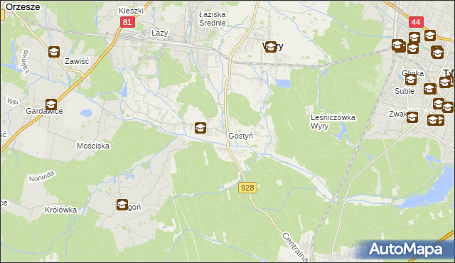 mapa Gostyń gmina Wyry, Gostyń gmina Wyry na mapie Targeo