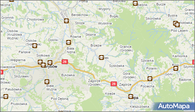mapa Gródek gmina Grybów, Gródek gmina Grybów na mapie Targeo