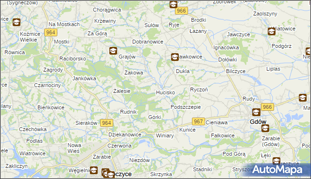 mapa Hucisko gmina Gdów, Hucisko gmina Gdów na mapie Targeo