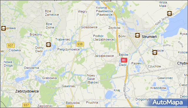 mapa Jarząbkowice gmina Pawłowice, Jarząbkowice gmina Pawłowice na mapie Targeo