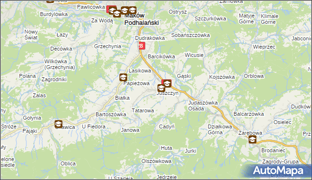 mapa Juszczyn gmina Maków Podhalański, Juszczyn gmina Maków Podhalański na mapie Targeo