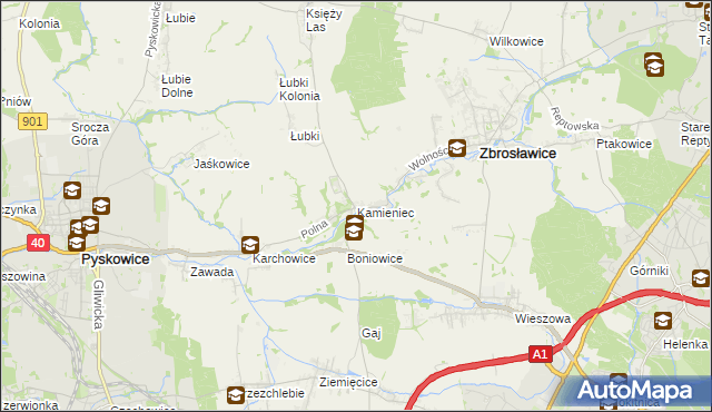 mapa Kamieniec gmina Zbrosławice, Kamieniec gmina Zbrosławice na mapie Targeo