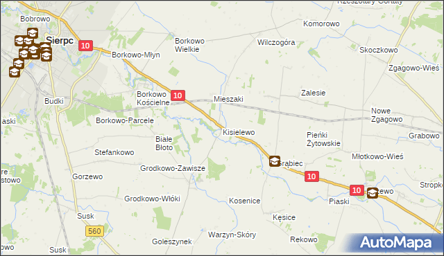 mapa Kisielewo gmina Sierpc, Kisielewo gmina Sierpc na mapie Targeo