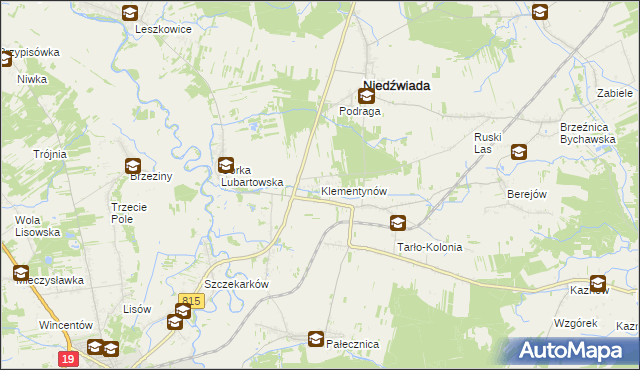 mapa Klementynów gmina Niedźwiada, Klementynów gmina Niedźwiada na mapie Targeo