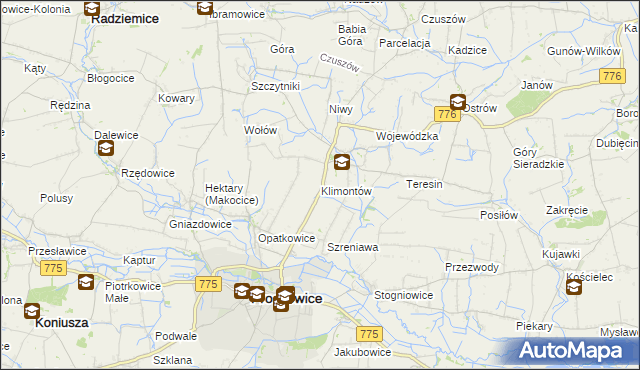 mapa Klimontów gmina Proszowice, Klimontów gmina Proszowice na mapie Targeo