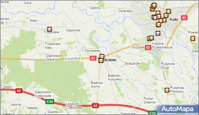 mapa Kościelec powiat kolski, Kościelec powiat kolski na mapie Targeo