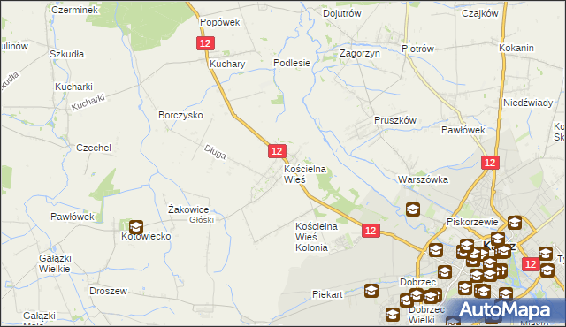 mapa Kościelna Wieś gmina Gołuchów, Kościelna Wieś gmina Gołuchów na mapie Targeo