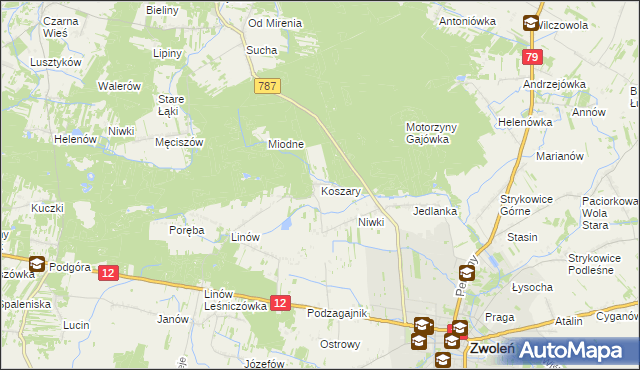 mapa Koszary gmina Zwoleń, Koszary gmina Zwoleń na mapie Targeo