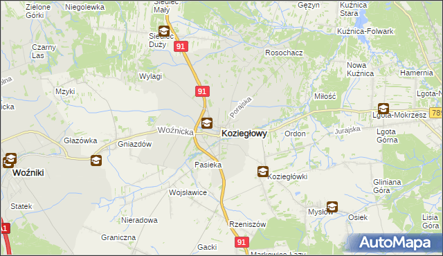 mapa Koziegłowy powiat myszkowski, Koziegłowy powiat myszkowski na mapie Targeo