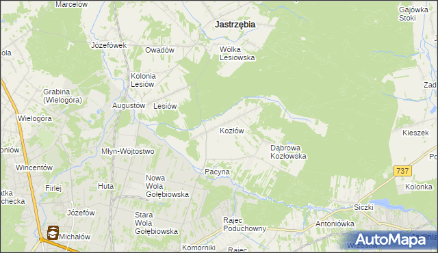 mapa Kozłów gmina Jastrzębia, Kozłów gmina Jastrzębia na mapie Targeo