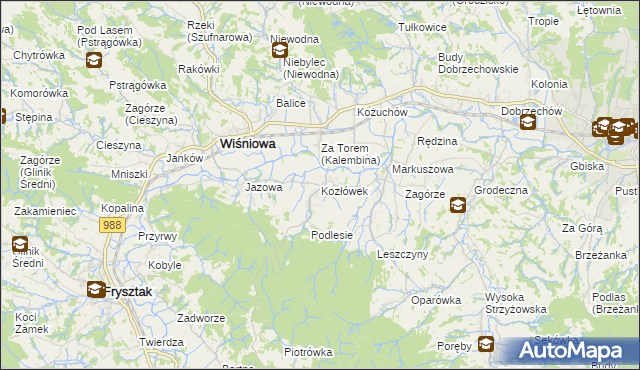 mapa Kozłówek gmina Wiśniowa, Kozłówek gmina Wiśniowa na mapie Targeo