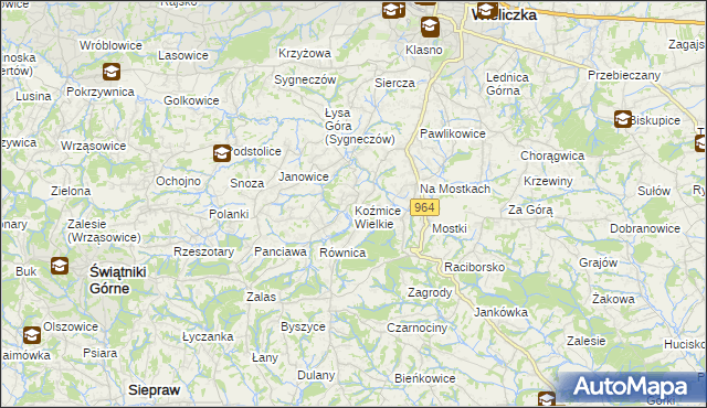 mapa Koźmice Wielkie, Koźmice Wielkie na mapie Targeo