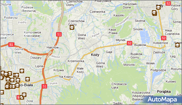 mapa Kozy powiat bielski, Kozy powiat bielski na mapie Targeo