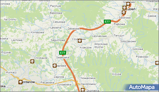 mapa Krzeczów gmina Lubień, Krzeczów gmina Lubień na mapie Targeo