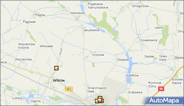 mapa Krzyków gmina Wilków, Krzyków gmina Wilków na mapie Targeo