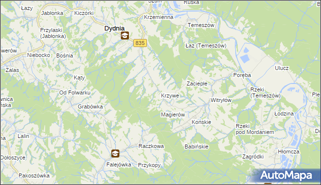 mapa Krzywe gmina Dydnia, Krzywe gmina Dydnia na mapie Targeo