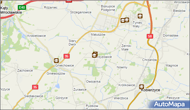 mapa Krzyżowice gmina Kobierzyce, Krzyżowice gmina Kobierzyce na mapie Targeo