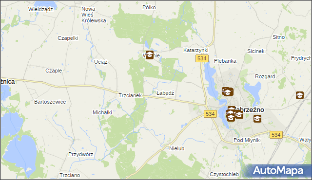 mapa Łabędź gmina Ryńsk, Łabędź gmina Ryńsk na mapie Targeo
