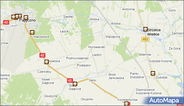 mapa Ładzin gmina Pajęczno, Ładzin gmina Pajęczno na mapie Targeo
