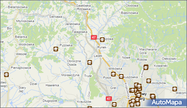 mapa Lasek gmina Nowy Targ, Lasek gmina Nowy Targ na mapie Targeo