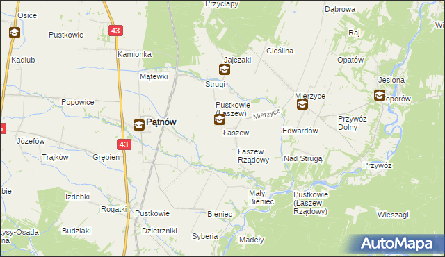 mapa Łaszew gmina Wierzchlas, Łaszew gmina Wierzchlas na mapie Targeo