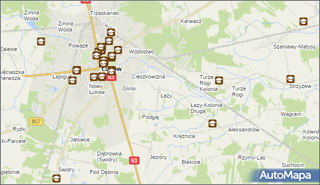 mapa Łazy gmina Łuków, Łazy gmina Łuków na mapie Targeo