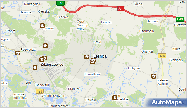 mapa Leśnica powiat strzelecki, Leśnica powiat strzelecki na mapie Targeo