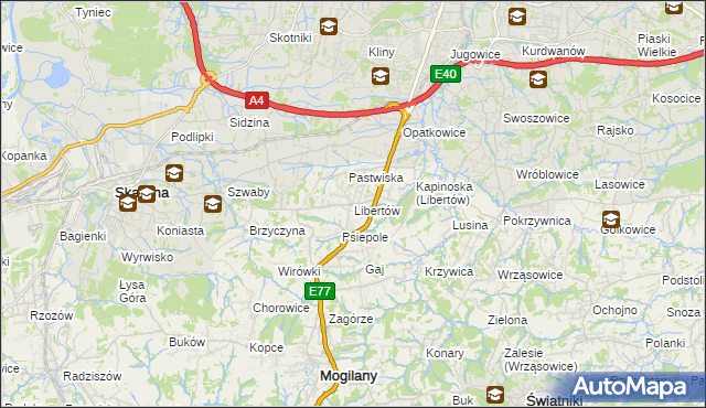 mapa Libertów gmina Mogilany, Libertów gmina Mogilany na mapie Targeo