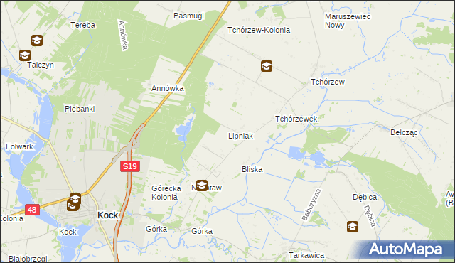 mapa Lipniak gmina Kock, Lipniak gmina Kock na mapie Targeo