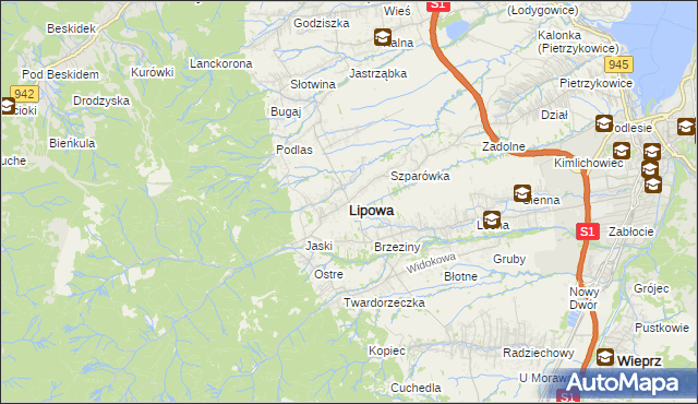 mapa Lipowa powiat żywiecki, Lipowa powiat żywiecki na mapie Targeo